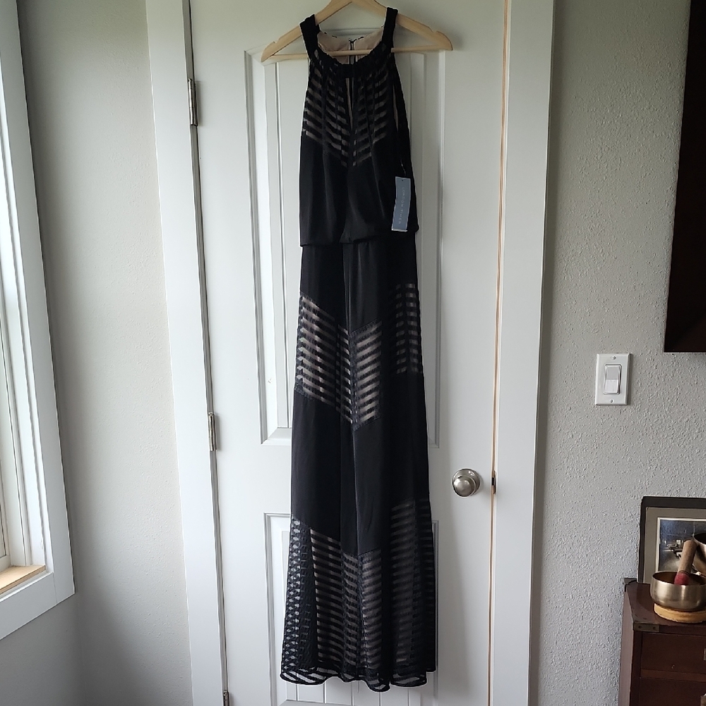 Black and Nude Halter Maxi Dress for Wedding Guest